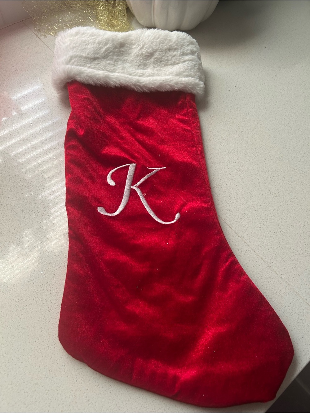 Monogrammed Red Velvet Christmas Stocking with White Cuff - Letter K
